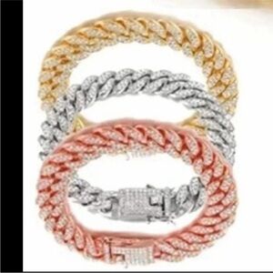 - CUBAN LINK ICED OUT SILVERTONE & ROSE GOLD DOG COLLARS XS 11”